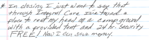 handwritten letter from Integral Care client