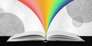 Black and white book with rainbow colored spectrum exploding from the middle