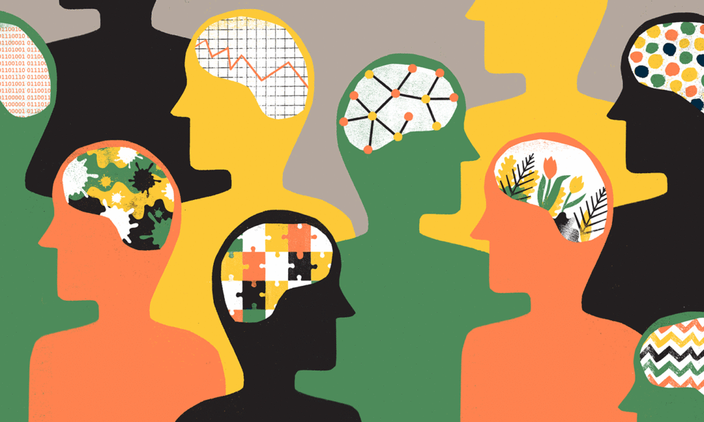 Multiple silhouettes of people focused on the brain. Brain is compromised of puzzles, maps, and random shapes 