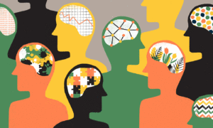 Multiple silhouettes of people focused on the brain. Brain is compromised of puzzles, maps, and random shapes