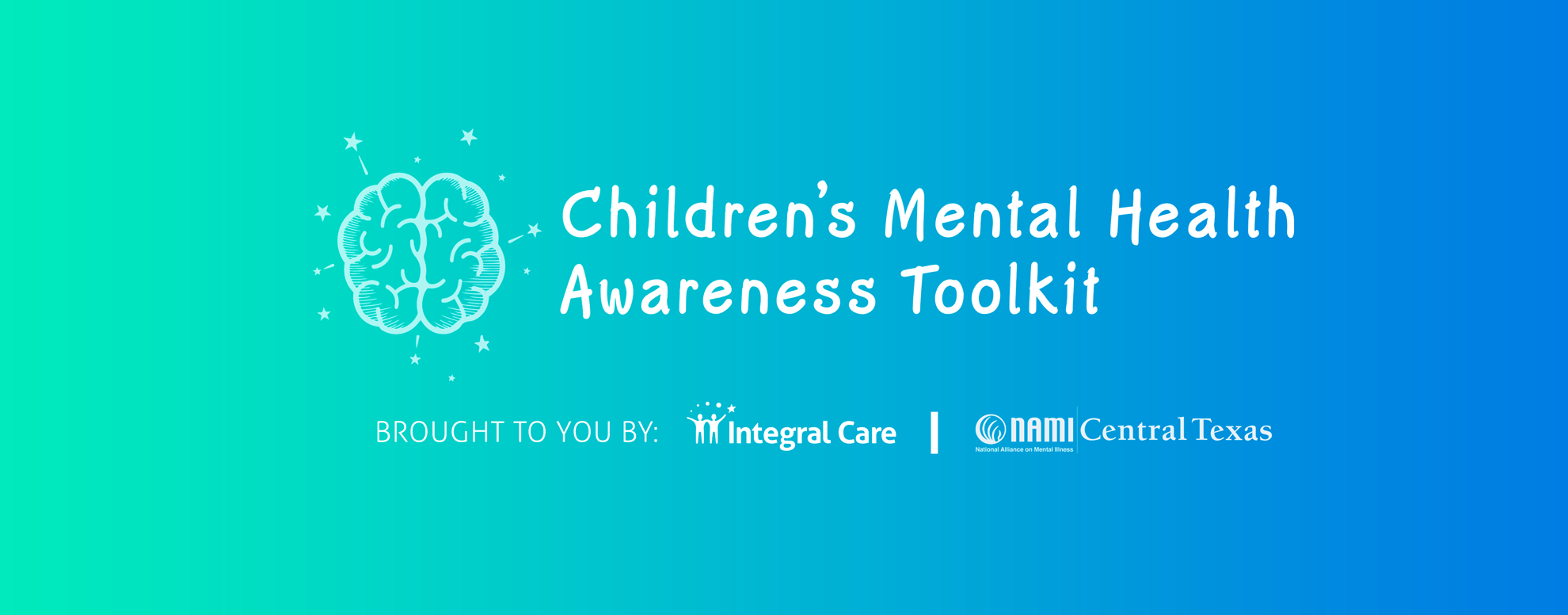 Blue and green banner with a brain icon reading Childrens mental health awareness toolkit