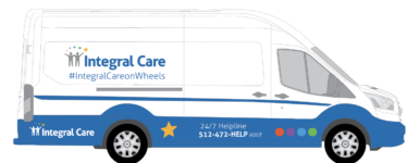 An illustration of a blue and white van with the Integral Care logo on the side